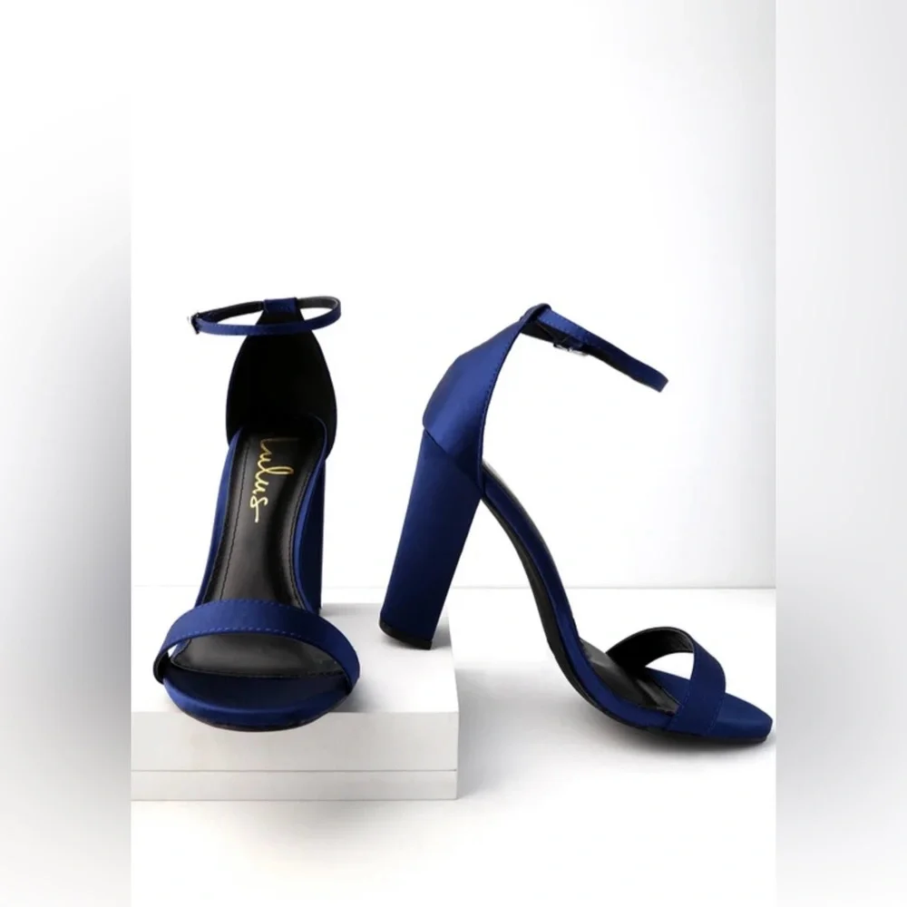 Taylor Navy Satin Ankle Strap Heels - Picture 1 of 9